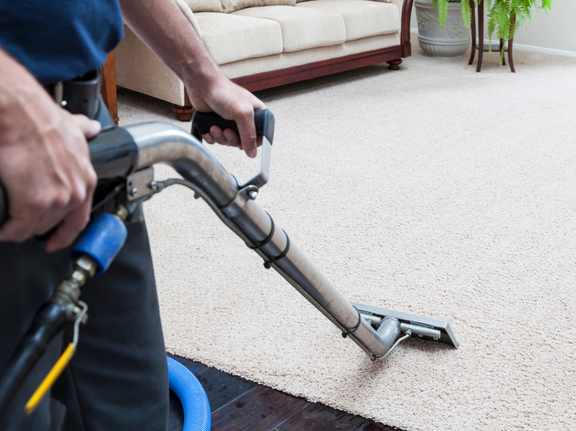 This is a photo of a man with a steam cleaner cleaning a cream carpet works carried out by Borehamwood Carpet Cleaning